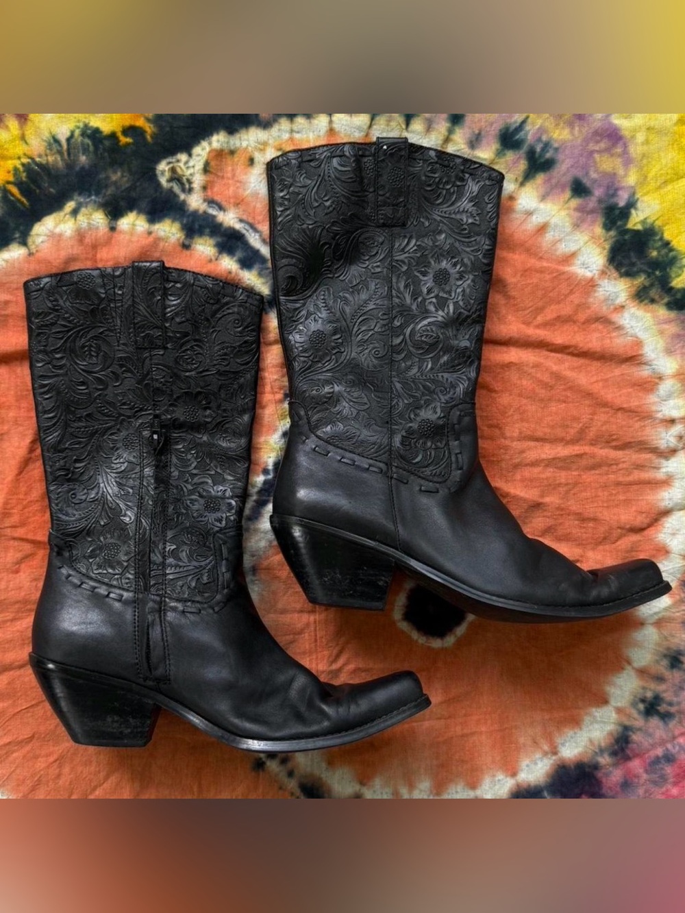 Black Embossed Leather Western Boots - Women's